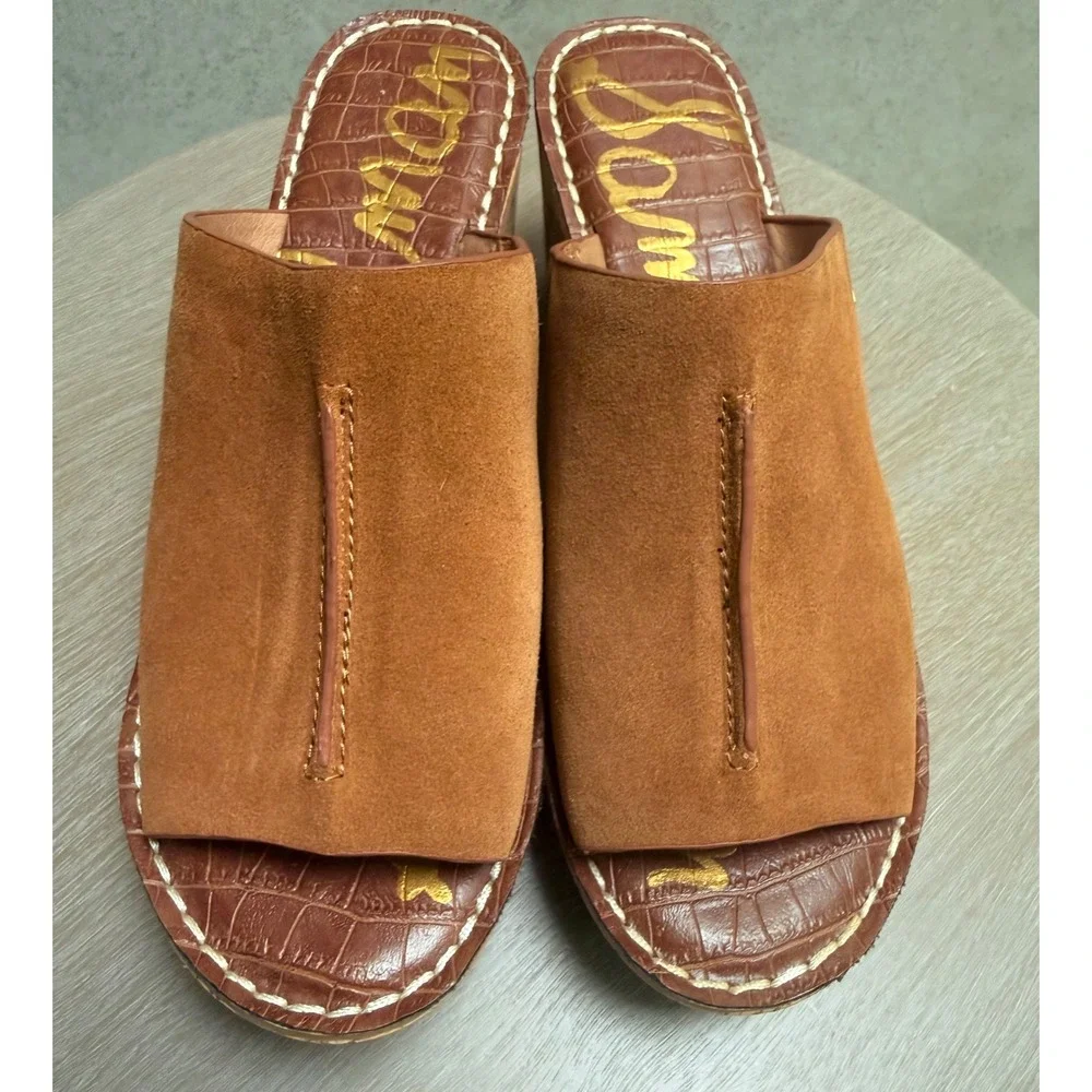 Sam Edelman 8  Womens Boho Ranger Brown Suede Cork Wedge Platform Slide Sandals